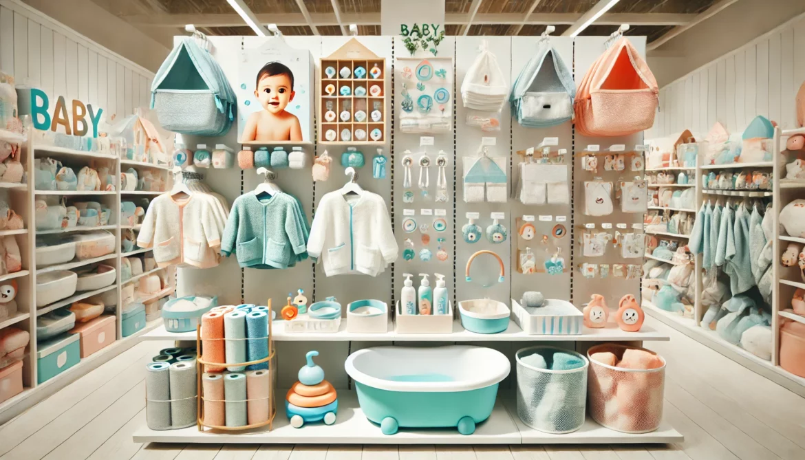 DALL·E 2024-12-02 18.01.18 – A clean and bright baby store section featuring bathroom accessories for children. The display includes baby bathtubs, anti-slip mats, bath toys, hood Jakie akcesoria łazienkowe dla dzieci warto wybrać, aby zapewnić bezpieczeństwo i wygodę podczas kąpieli?