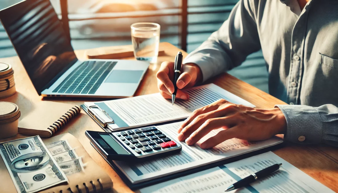 DALL·E 2025-02-19 14.40.44 – A professional image of a person reviewing tax documents at a desk. The individual is using a calculator, surrounded by financial papers, a pen, and a Zwrot podatku z Niemiec – terminy, formalności i najważniejsze informacje