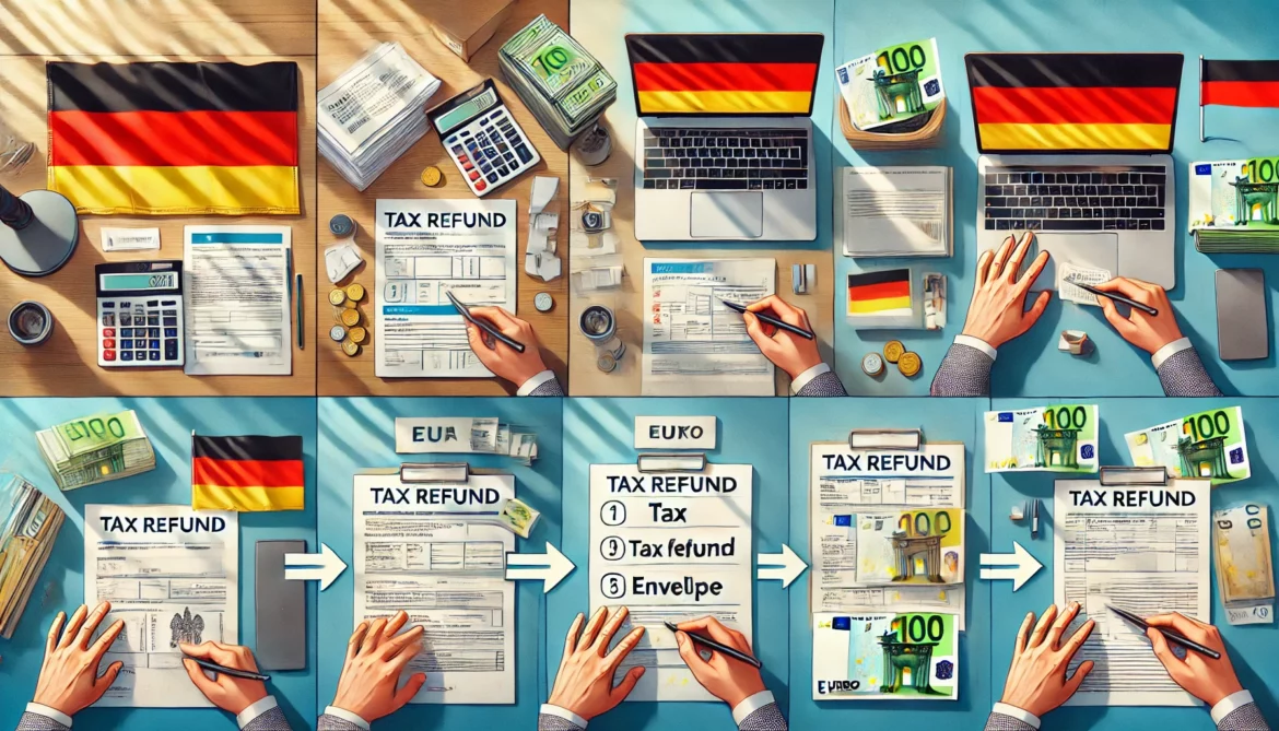 DALL·E 2025-03-21 13.17.44 – A horizontal image showing a step-by-step process of getting a tax refund from Germany – a Polish person organizing paperwork at a desk, with a laptop Zwrot podatku z Niemiec krok po kroku – przewodnik dla Polaków za granicą